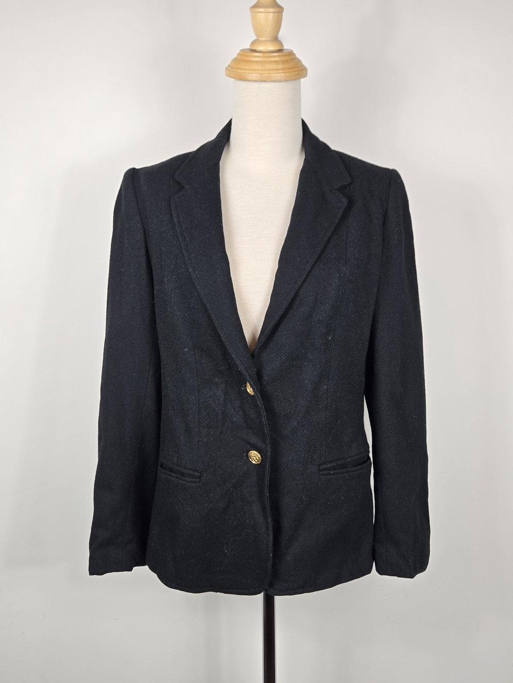 Vintage André Bawar Black Wool Blazer Gold Buttons Womens Size 10 Academia